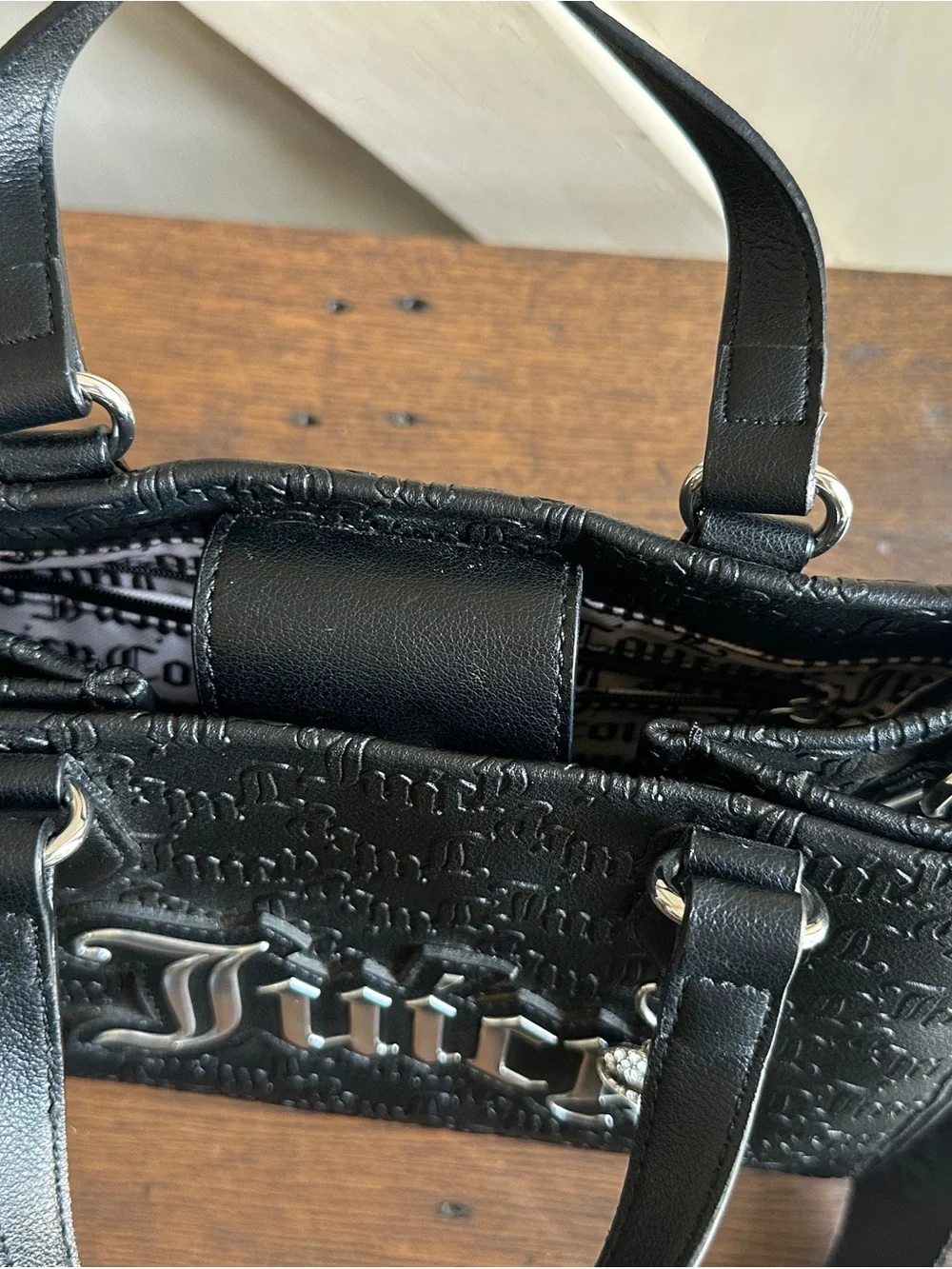 Juicy Couture Black Monogram Satchel Crossbody Bag Silver Logo Charm